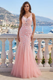 Roze V-hals zeemeermin-appliqued tule galajurk