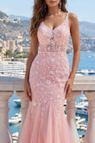 Roze V-hals zeemeermin-appliqued tule galajurk