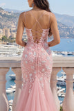Roze V-hals zeemeermin-appliqued tule galajurk
