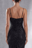 Glitterende zwarte midi-jurk met spaghettibandjes