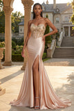 Strapless Champagne Zeemeermin Korset met appliquatie lange galajurk met split