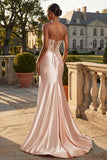 Strapless Champagne Zeemeermin Korset met appliquatie lange galajurk met split