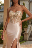 Strapless Champagne Zeemeermin Korset met appliquatie lange galajurk met split