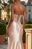 Strapless Champagne Zeemeermin Korset met appliquatie lange galajurk met split