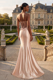 Strapless champagne zeemeermin met kralen, gerimpelde lange galajurk met split