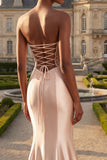 Strapless champagne zeemeermin met kralen, gerimpelde lange galajurk met split