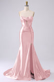 Fuchsia strapless satijn zeemeerminkorset Lange PLus maat galajurk met split