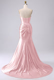 Fuchsia strapless satijn zeemeerminkorset Lange PLus maat galajurk met split