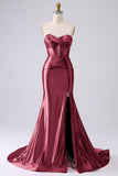 Fuchsia strapless satijn zeemeerminkorset Lange PLus maat galajurk met split