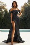 Gouden Off The Shoulder Schede Metallic Satijnen Prom Dress Met Split