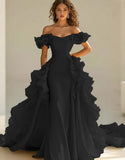 Gele Off The Shoulder Zeemeermin Ruches Satijnen Prom Jurk