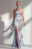 Zeemeerminroze strapless bloemenprint lange bruidsmeisjesjurk met split