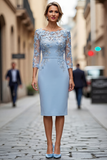 Lichtblauwe Bateau Neck Bodycon geappliqueerde midi Mother of the Bride jurk met 3/4 mouwen