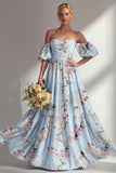 A-lijn roze strapless bloemenjurk met lange bruidsmeisjesjurk en puffmouwen