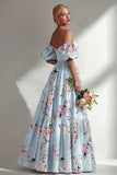 A-lijn roze strapless bloemenjurk met lange bruidsmeisjesjurk en puffmouwen