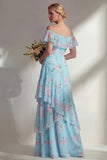 Groene lange bruidsmeisjesjurk met een lijn chiffon met off-shoulder print bloemenjurk en ruches