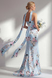 Zeemeerminroze strapless bloemenprint lange bruidsmeisjesjurk met split