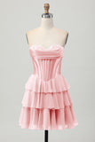 Blauw gelaagd korset A Line strapless korte homecoming-jurk