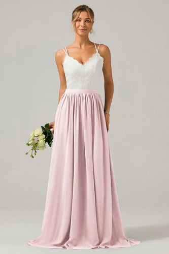 Blozen roze Open Back Boho Chiffon lange bruidsmeisje jurk met kant