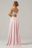 Blozen roze Open Back Boho Chiffon lange bruidsmeisje jurk met kant