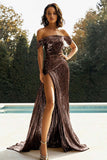 Gouden Off The Shoulder Schede Metallic Satijnen Prom Dress Met Split