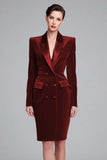 Rood fluwelen bodycon Peak revers midi werkjurk