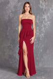 Zwarte strapless lange formele jurk met ruches en split