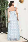 Blauwe gebloemde Boho Maxi zomerjurk