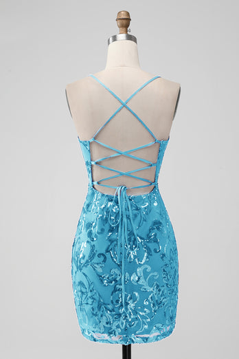 Koningsblauwe bodycon pailletten korte homecoming jurk met veters op de rug