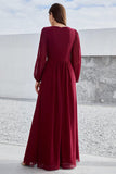 Bordeauxrode Appliqued A Line Chiffon Koorjurk met lange mouwen