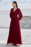 Bordeauxrode Appliqued A Line Chiffon Koorjurk met lange mouwen
