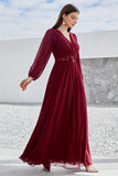 Bordeauxrode Appliqued A Line Chiffon Koorjurk met lange mouwen