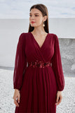 Bordeauxrode Appliqued A Line Chiffon Koorjurk met lange mouwen