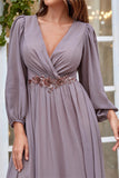 Bordeauxrode Appliqued A Line Chiffon Koorjurk met lange mouwen