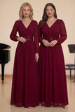 Bordeauxrode Appliqued A Line Chiffon Koorjurk met lange mouwen