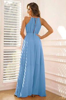 Blauwe A-lijn lange formele jurk