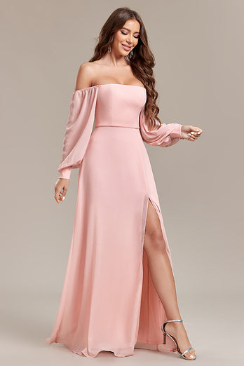 Blush A-lijn off-shoulder lange formele jurk met split