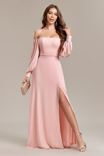 Blush A-lijn off-shoulder lange formele jurk met split