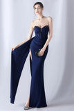 Navy zeemeermin strapless lange korset galajurk met split