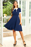 Jewel Neck Navy jaren 1950 Jurk met Bowknot