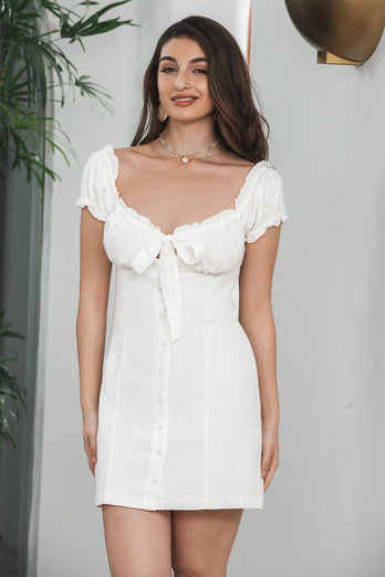 Sheath Single Breasted Lace-Up Little White Dress Met Pofmouwen