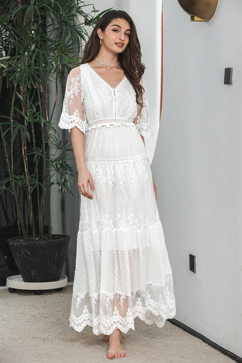 Afbeelding in Gallery-weergave laden, Witte A Line Lange Boho Lace Engagement Party Jurk