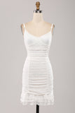 Spaghetti Bandjes Bodycon Geplooide Kant Kleine Witte Graduatie Jurk