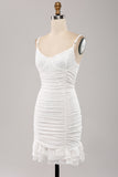 Spaghetti Bandjes Bodycon Geplooide Kant Kleine Witte Graduatie Jurk