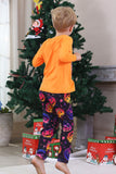 Oranje bedrukte familie halloween-pyjama met lange mouwen