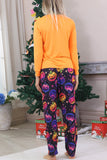 Oranje bedrukte familie halloween-pyjama met lange mouwen