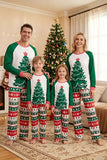 2-delige groene ronde hals kerstboom-bedrukte familie-pyjamasets