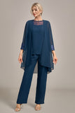 3 Stukken marineblauwe chiffon lange mouwen koorbroekpakken