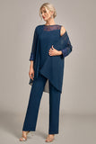 3 Stukken marineblauwe chiffon lange mouwen koorbroekpakken