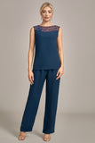 3 Stukken marineblauwe chiffon lange mouwen koorbroekpakken